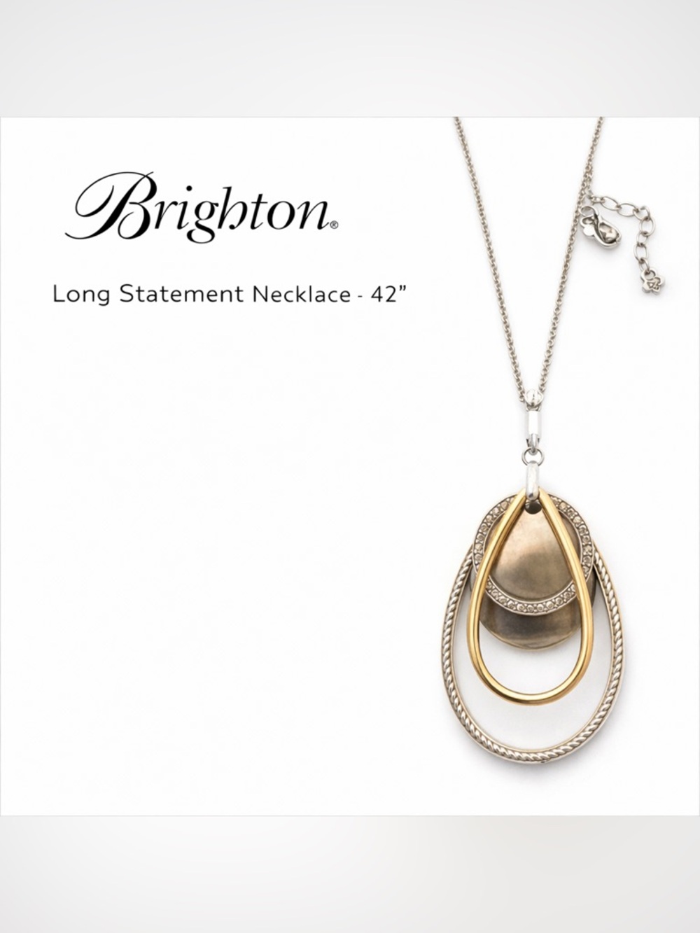 Brighton Long Statement Necklace 42” Silver Gold Teardrop Pendant